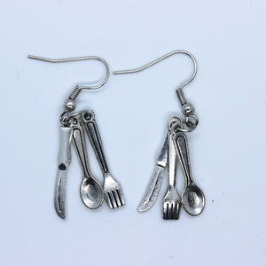 Silver Color Alloy Earrings tableware Knife fork spoon