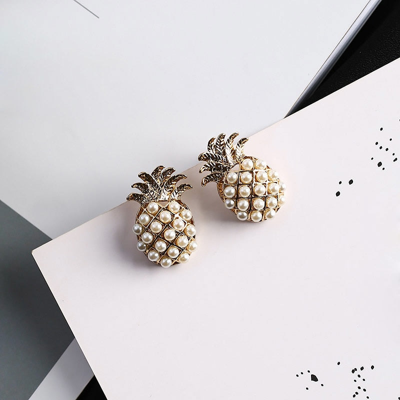 Gold Color Pineapple Fruit Stud Earrings Imitation Pearl