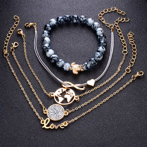 5 Piece Turtle Map Heart Letter Love Crystal Beads Multilayer Charm bracelet
