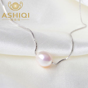 ASHIQI Real Natural Freshwater Pearl  Necklace  925 Sterling Silver Chain