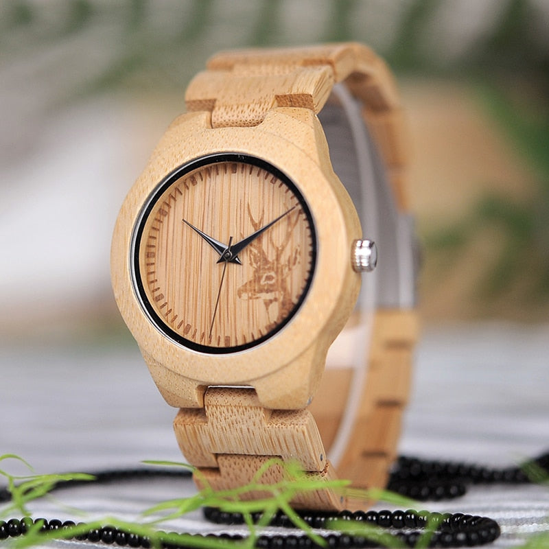 BOBO BIRD Elk Engraved Bamboo Wooden Wristwatch