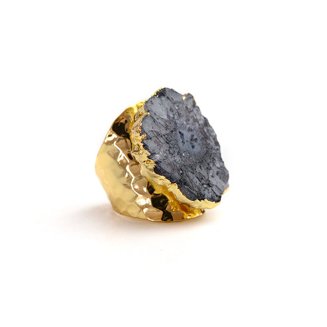 Bojiu Natural Druzy Stone Ring  Adjustable Size