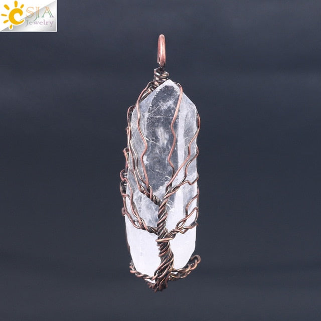 Natural Crystal  Copper Wire Wrapped Tree of Life Necklace