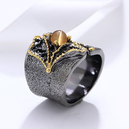 Split On Top Black Gold Color with Light Brown CZ Stone ring