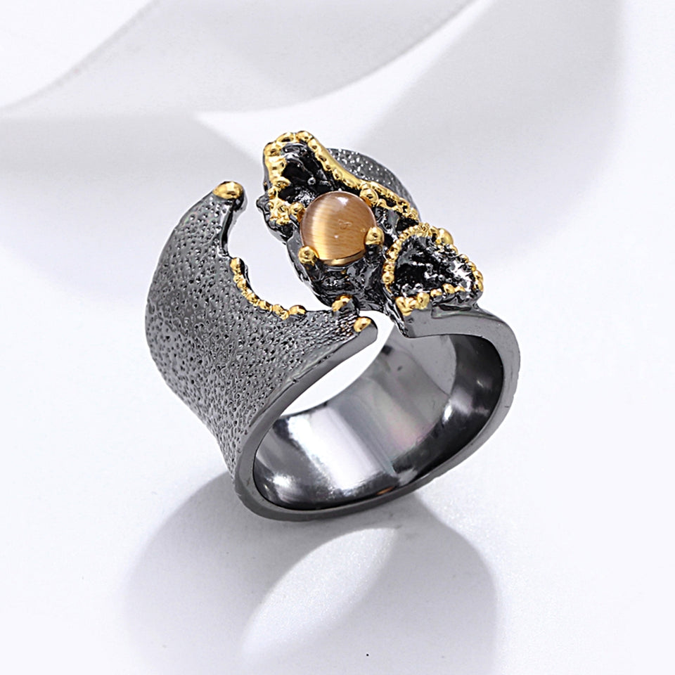 Split On Top Black Gold Color with Light Brown CZ Stone ring