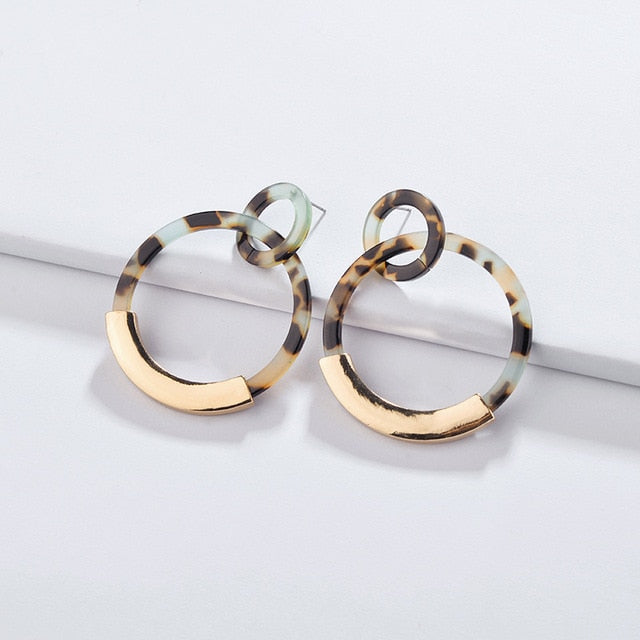 Gold Alloy Round Geometry Resin Statement Hanging Earrings