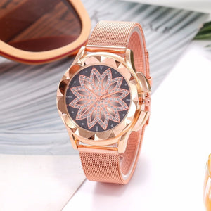 Rose Gold Flower Rhinestone Wrist Watch