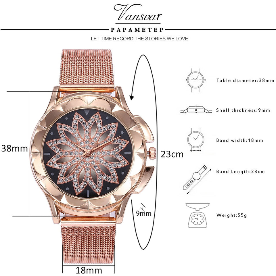 Rose Gold Flower Rhinestone Wrist Watch