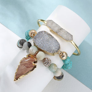 BOJIU 3pcs/Set women's  Beaded Bracelet LeavesNatural stone