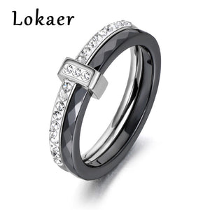 Lokaer 2 layers Black/White Ceramic Crystal Rings Rose/White Gold Color Stainless Steel Rhinestone