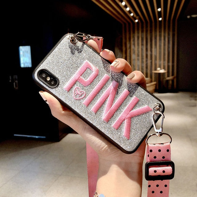 PINK Glitter Embroidery Leather Case for iPhone