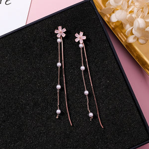 Elegant Pink Flower Super Long Earrings