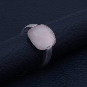 MetJakt Authentic Natural  Square Rose Quartz Stone 925 Sterling Silver Ring