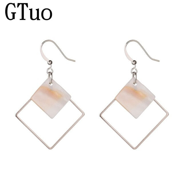 Natural Shell Simple Silver Big Hollow Square Drop Earrings