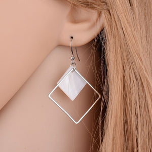 Natural Shell Simple Silver Big Hollow Square Drop Earrings