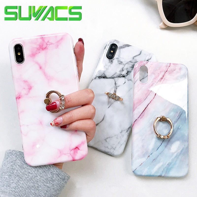 SUYACS With Finger Ring & Kickstand Marble Case For iPhone