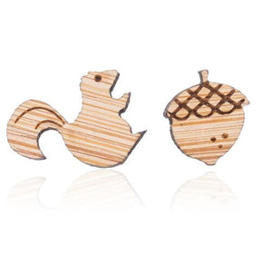 Squirrel and Pine Nut Wooden Earrings