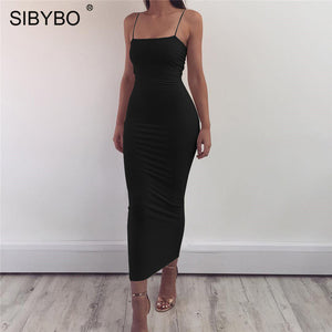 Sibybo Spaghetti Strap Backless Maxi  Bodycon Dress
