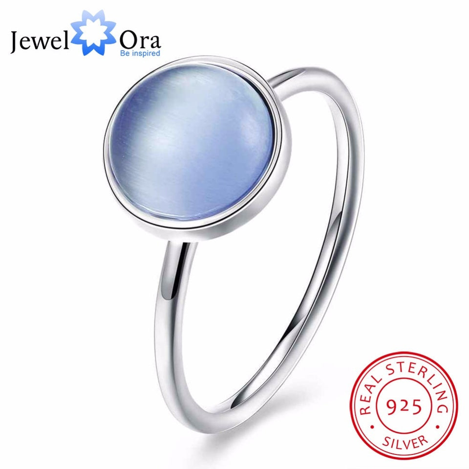 Solid 925 Sterling Silver Female Ring Round Blue Stone