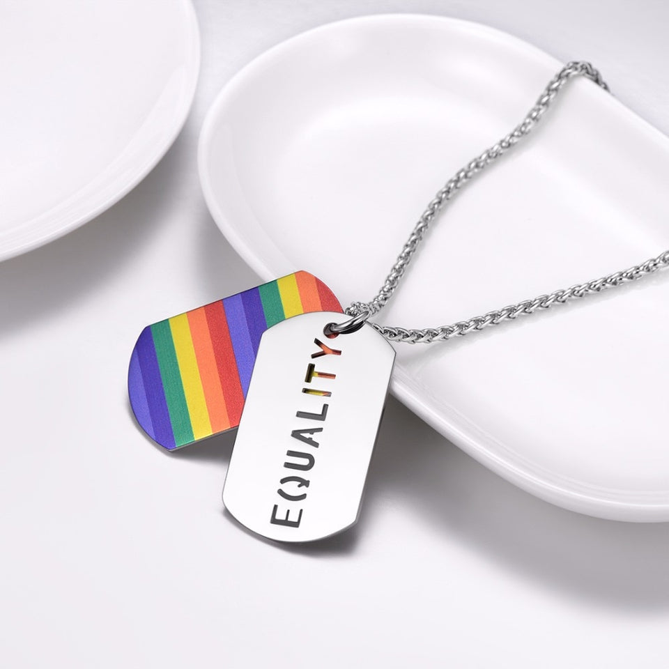 Stainless Steel Rainbow Dog Tag Double Layer Equality Necklace