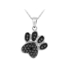 Silver Overlay Black Diamond Accent Paw Print Pendant with 18&quot; Chain